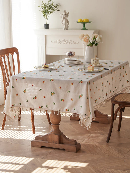 Yellow Daisy Embroidery Tassel Tablecloth for Living Room Kitchen Dining Table Cover Cloth