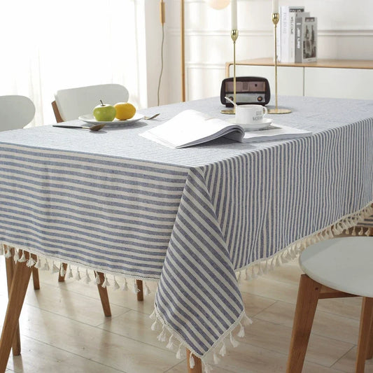 Cotton Linen Table Cloth Stripe Tassel Rectangle Tablecloth Dust-Proof Table Cover for Kitchen Dinning Tabletop Decoration