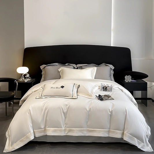 Egyptian Cotton Hollow Edge Luxury Bedding Set, White, Grey, Pink, Blue,1 Duvet Cover,2 Pillowcases,1 Flat Sheet Or Fitted Sheet