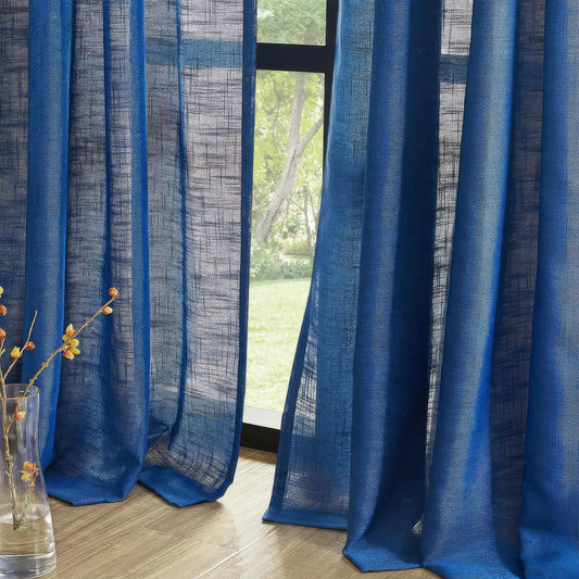 Linen Semi Sheer Curtains Navy Blue Curtains Drapes Light Filtering Window Curtains
