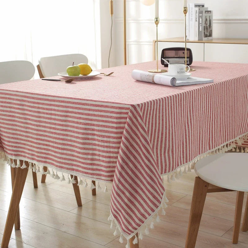 Cotton Linen Table Cloth Stripe Tassel Rectangle Tablecloth Dust-Proof Table Cover for Kitchen Dinning Tabletop Decoration