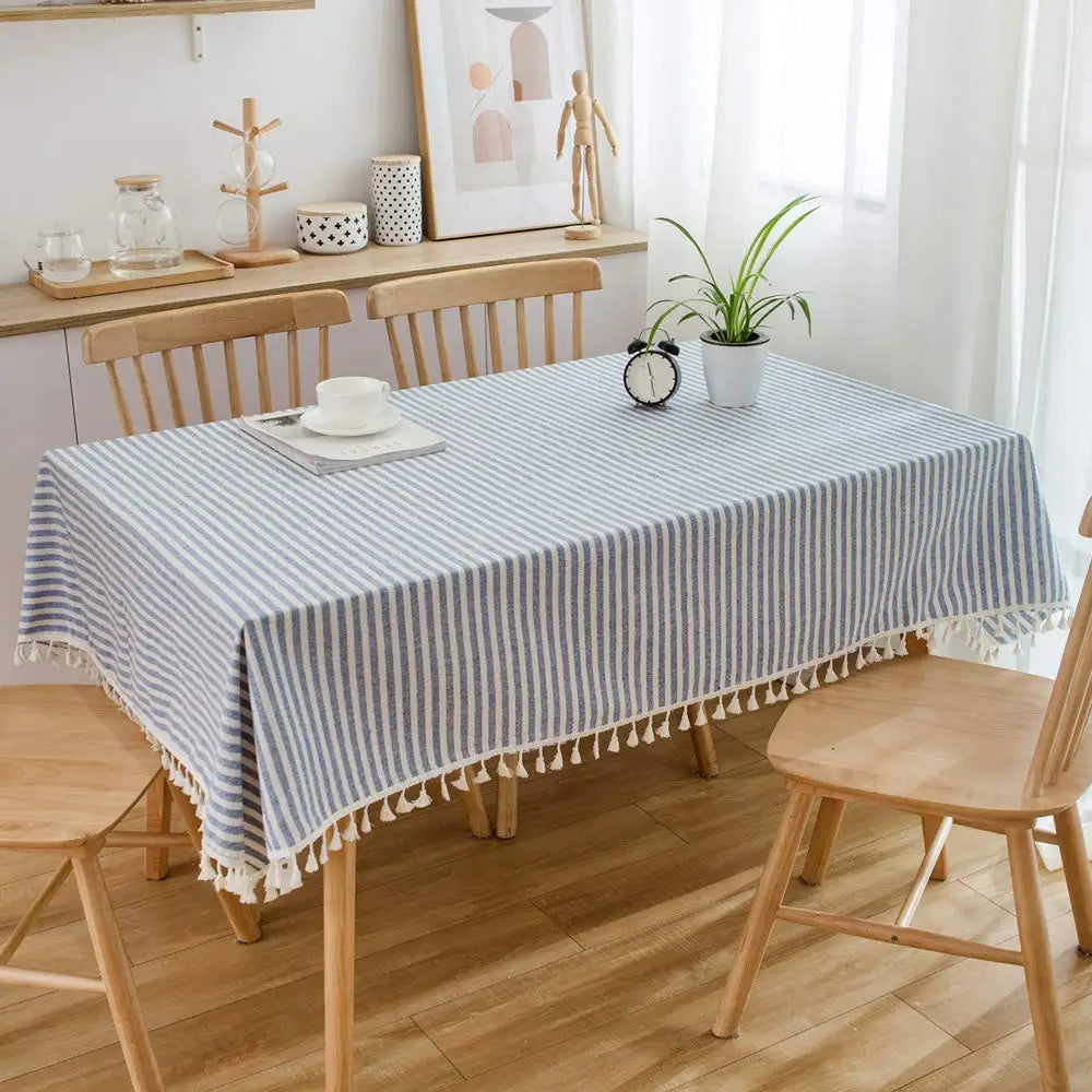 Cotton Linen Table Cloth Stripe Tassel Rectangle Tablecloth Dust-Proof Table Cover for Kitchen Dinning Tabletop Decoration