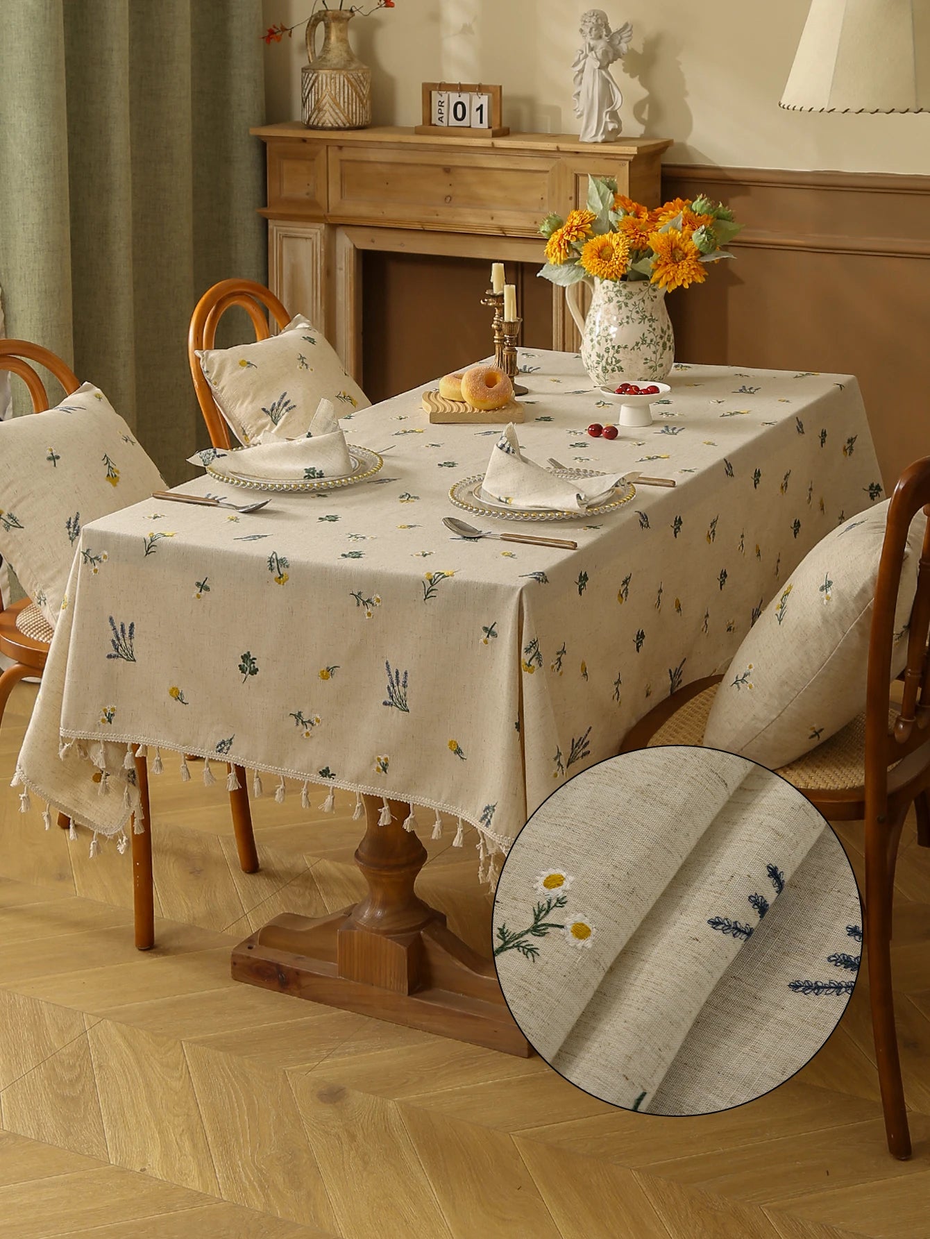 Linen Tablecloth with Embroidered Ear of Wheat  for Kitchen Living Room Dining Table Festive Gathering Table Decor