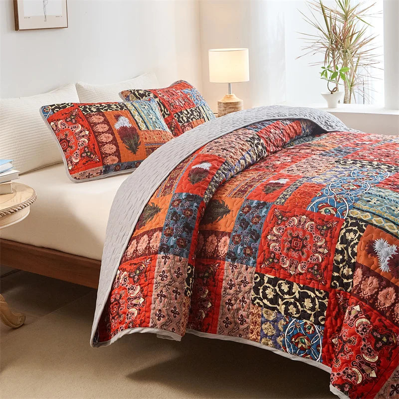 Quilted Bedspread Set,Soft Microfibe Bed Cover+Pillowcase,American Flower Patchwork,Mattress Topper Sheet King cama solteiro