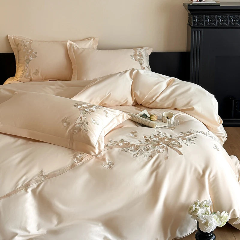 100% Cotton Luxury Rose Flowers Embroidery Bedding Queen King Size Duvet Cover Set Flat/Fitted Bed Sheet Pillowcases 4Pcs