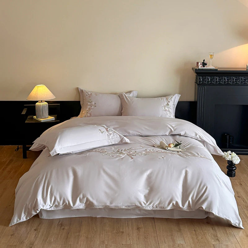 100% Cotton Luxury Rose Flowers Embroidery Bedding Queen King Size Duvet Cover Set Flat/Fitted Bed Sheet Pillowcases 4Pcs