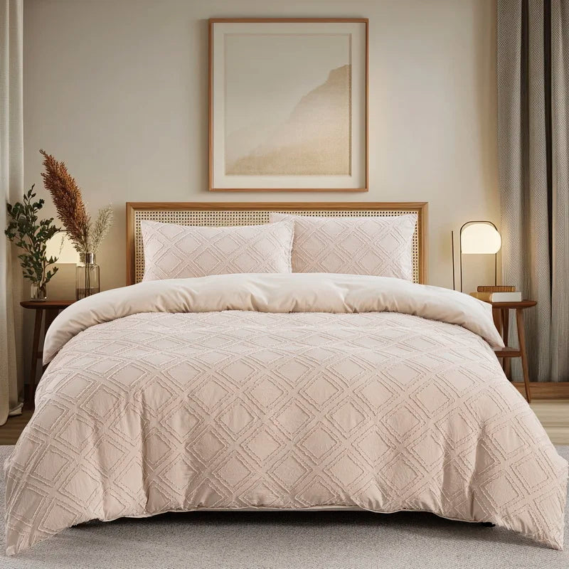 Beige Duvet Cover, Boho Tufted Microfiber Bedding Set.