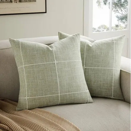 Simple Plaid Cushion Cover Brown Grey Embroidery Stripe Cotton Linen Pillow Cover