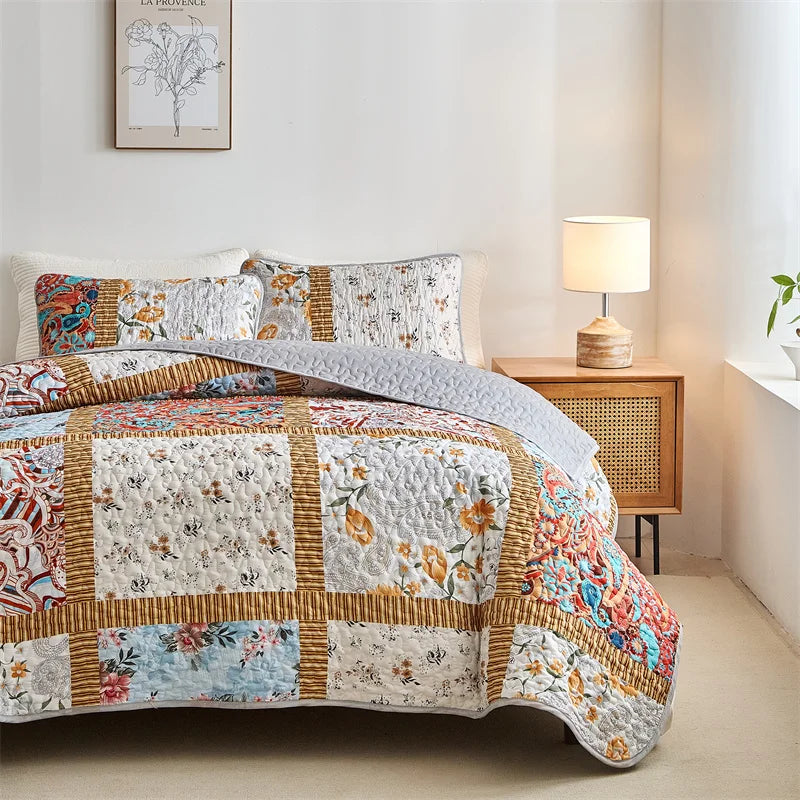 Quilted Bedspread Set,Soft Microfibe Bed Cover+Pillowcase,American Flower Patchwork,Mattress Topper Sheet King cama solteiro