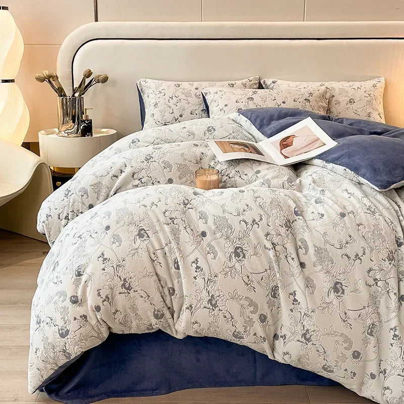 Four-piece Set Autumn and Winter Carved Coral Fleece Warm Quilt Cover Bedding