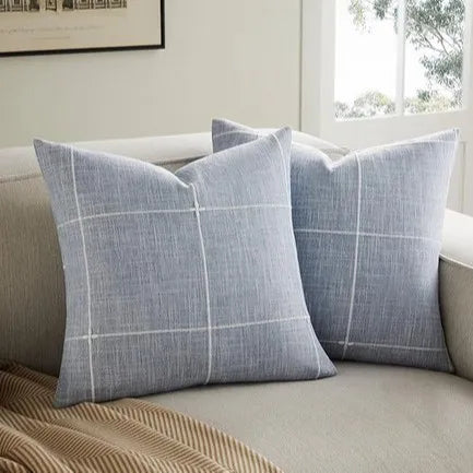 Simple Plaid Cushion Cover Brown Grey Embroidery Stripe Cotton Linen Pillow Cover