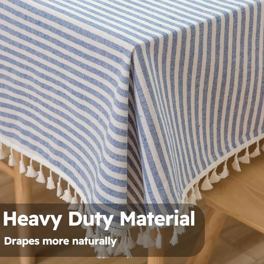 Cotton Linen Table Cloth Stripe Tassel Rectangle Tablecloth Dust-Proof Table Cover for Kitchen Dinning Tabletop Decoration