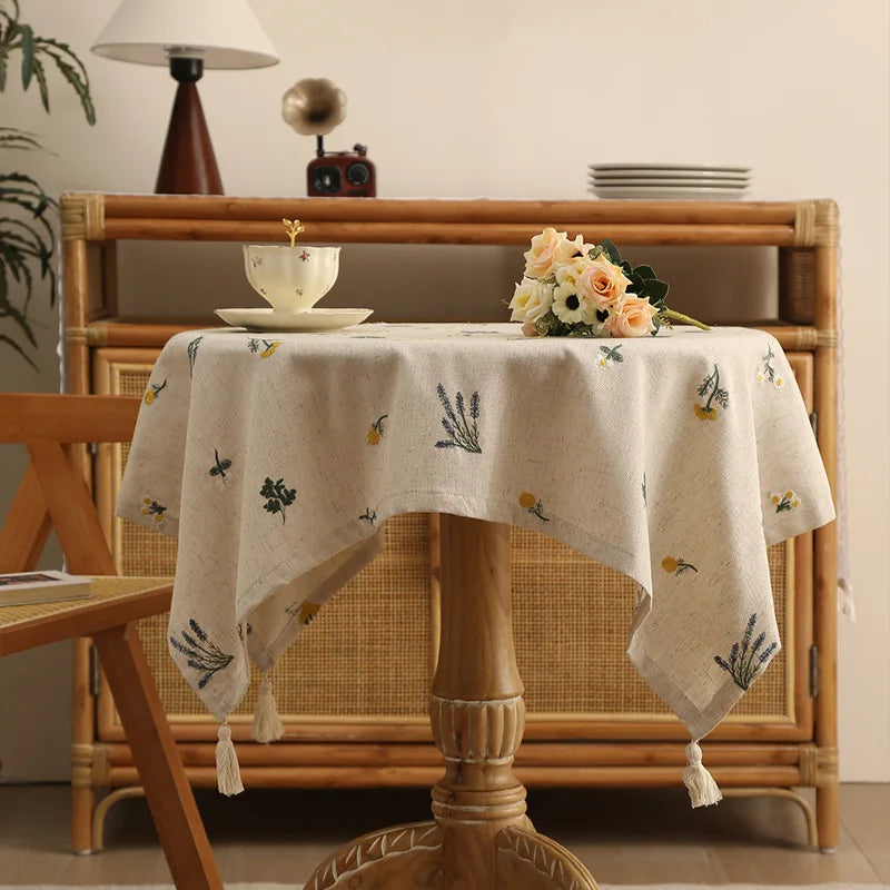 Linen Tablecloth with Embroidered Ear of Wheat  for Kitchen Living Room Dining Table Festive Gathering Table Decor