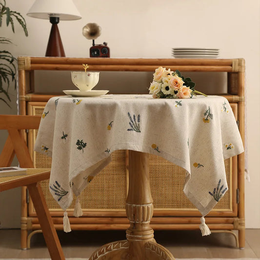 Linen Tablecloth with Embroidered Ear of Wheat  for Kitchen Living Room Dining Table Festive Gathering Table Decor