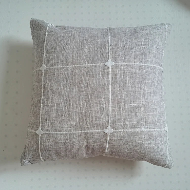 Simple Plaid Cushion Cover Brown Grey Embroidery Stripe Cotton Linen Pillow Cover