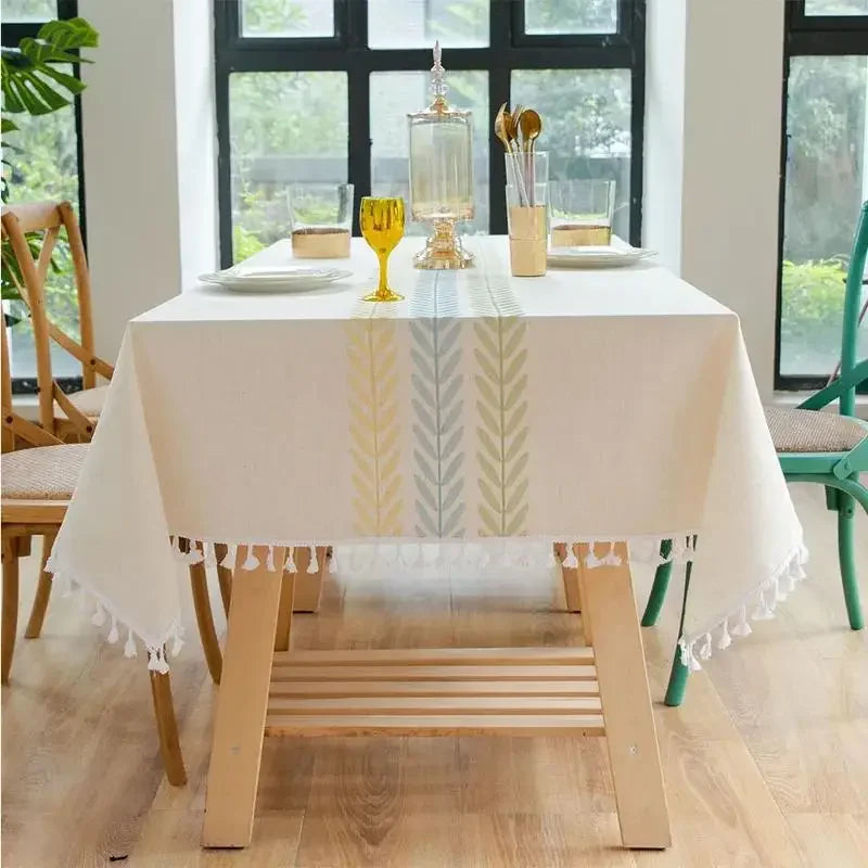 Rustic Embroidery Tablecloths Cotton Linen Coffee Leaves Pattern Rectangle Waterproof Table Covers for Kitchen Living Room Decor