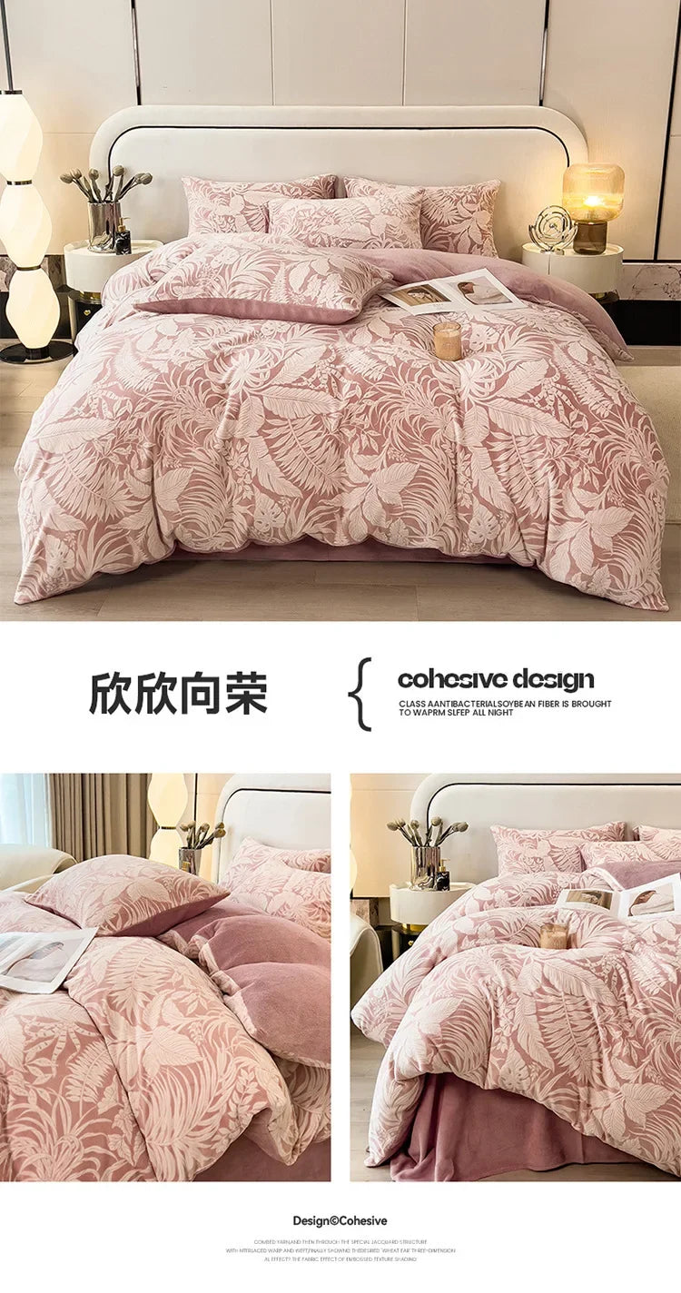 Four-piece Set Autumn and Winter Carved Coral Fleece Warm Quilt Cover Bedding
