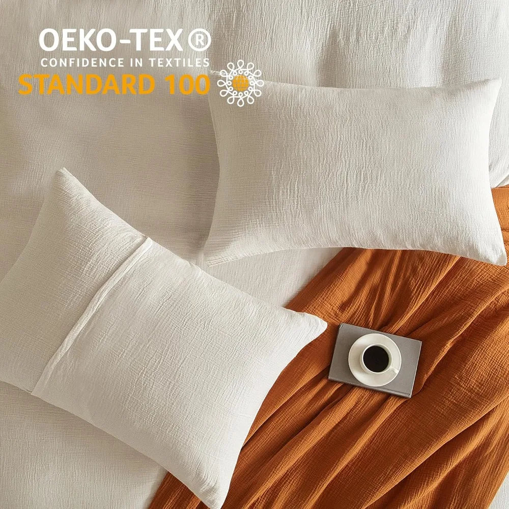 Queen Size 100% Cotton Washed Muslin Duvet Cover Set, Ultra Soft Linen 3-Piece Bedding Ensemble