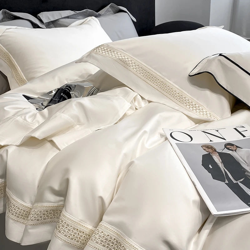 Egyptian Cotton Hollow Edge Luxury Bedding Set, White, Grey, Pink, Blue,1 Duvet Cover,2 Pillowcases,1 Flat Sheet Or Fitted Sheet