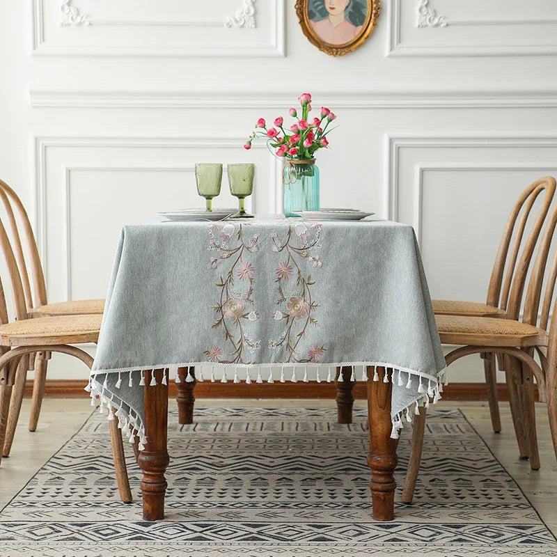 Rustic Embroidery Tablecloths Cotton Linen Coffee Leaves Pattern Rectangle Waterproof Table Covers for Kitchen Living Room Decor