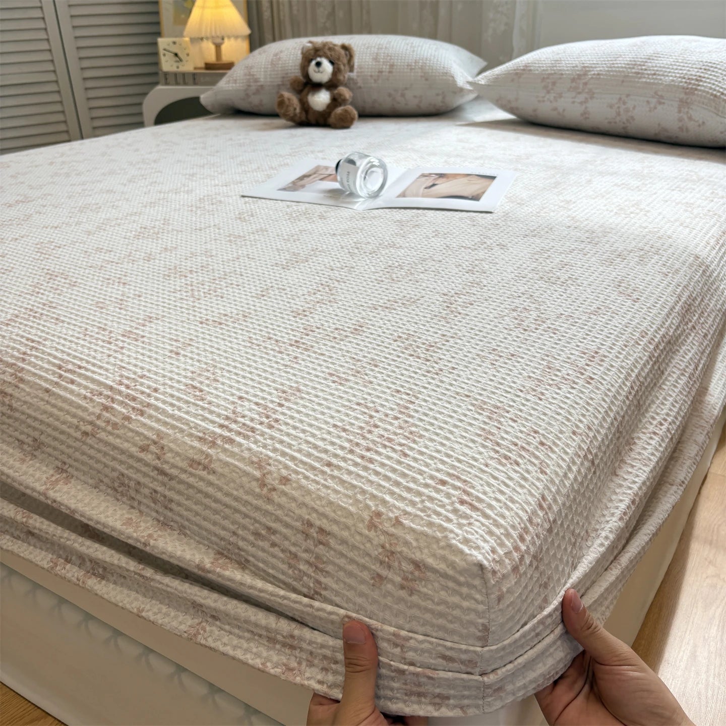 3PCS Waffle Floral Bed Sheets Set Cotton Fitted Sheet Non Slip Bedspread Mattress Cover Double Bed Sheet Christmas Gift Decor