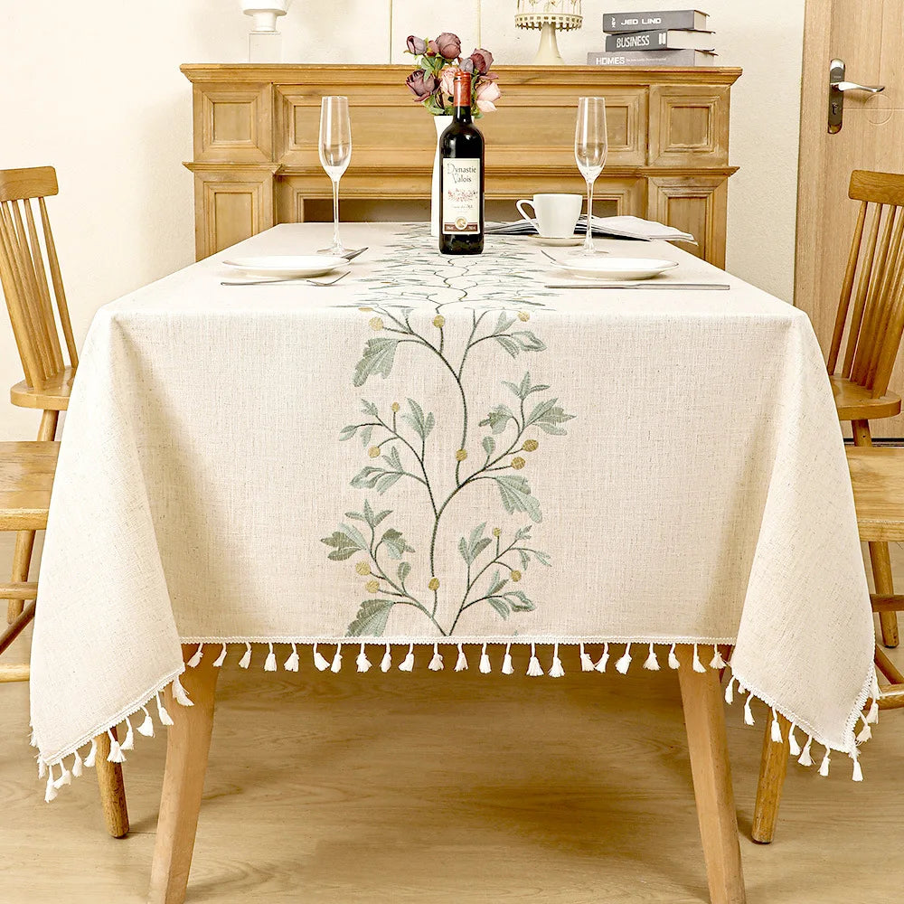 Rustic Embroidery Tablecloths Cotton Linen Coffee Leaves Pattern Rectangle Waterproof Table Covers for Kitchen Living Room Decor