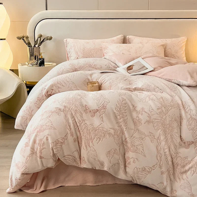 Four-piece Set Autumn and Winter Carved Coral Fleece Warm Quilt Cover Bedding