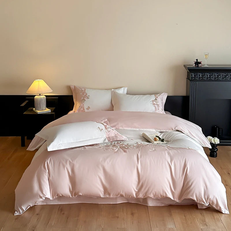 100% Cotton Luxury Rose Flowers Embroidery Bedding Queen King Size Duvet Cover Set Flat/Fitted Bed Sheet Pillowcases 4Pcs