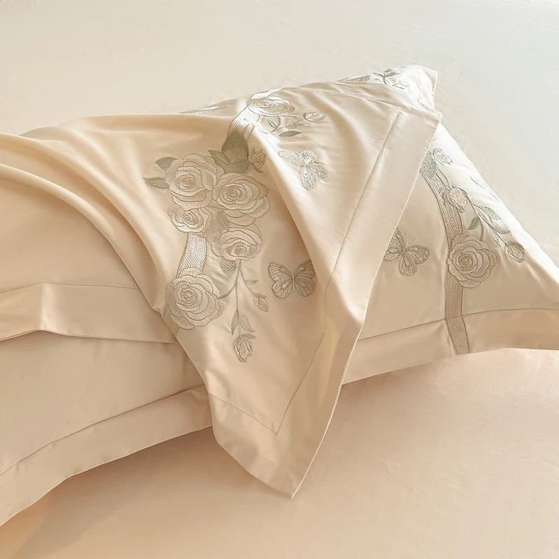 100% Cotton Luxury Rose Flowers Embroidery Bedding Queen King Size Duvet Cover Set Flat/Fitted Bed Sheet Pillowcases 4Pcs