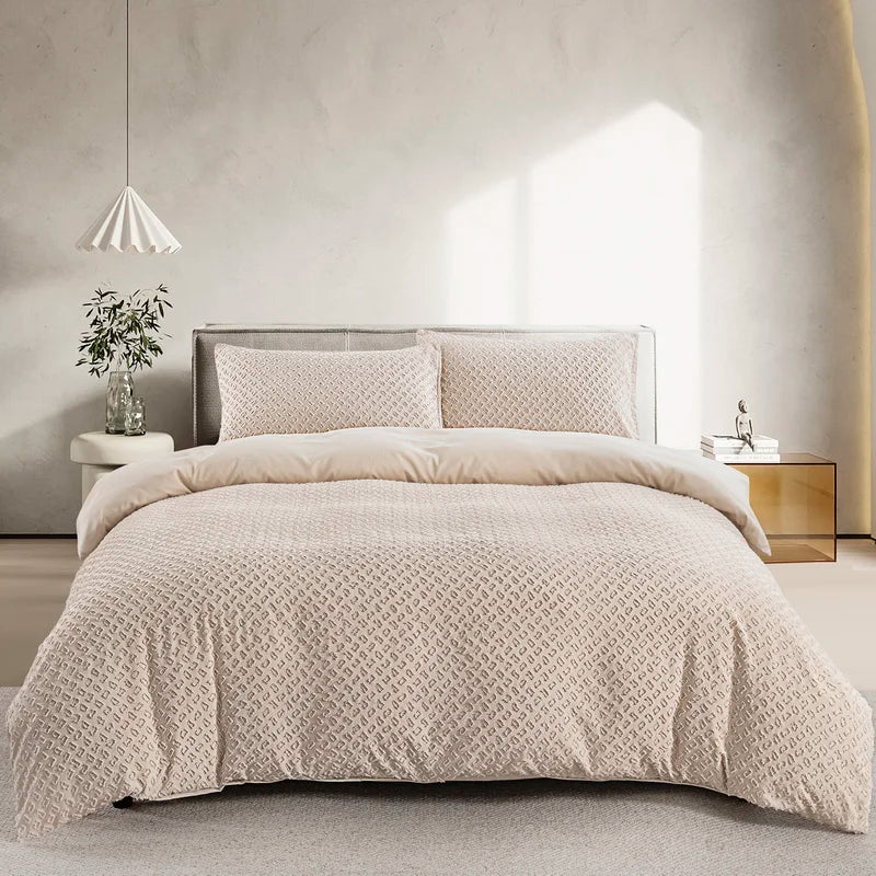 Beige Duvet Cover, Boho Tufted Microfiber Bedding Set.