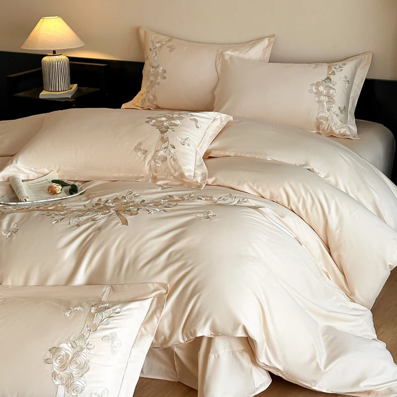 100% Cotton Luxury Rose Flowers Embroidery Bedding Queen King Size Duvet Cover Set Flat/Fitted Bed Sheet Pillowcases 4Pcs