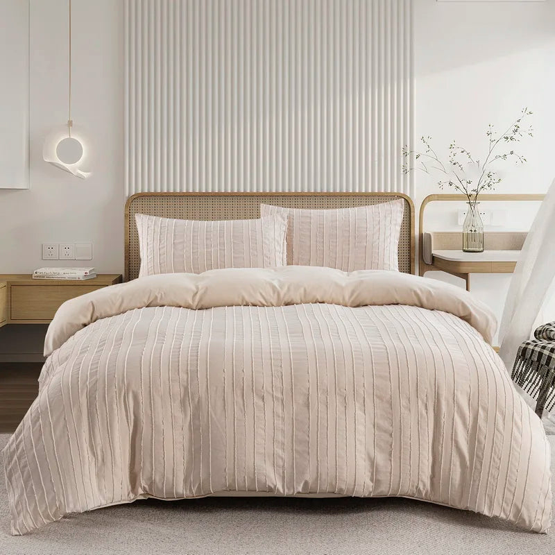 Beige Duvet Cover, Boho Tufted Microfiber Bedding Set.