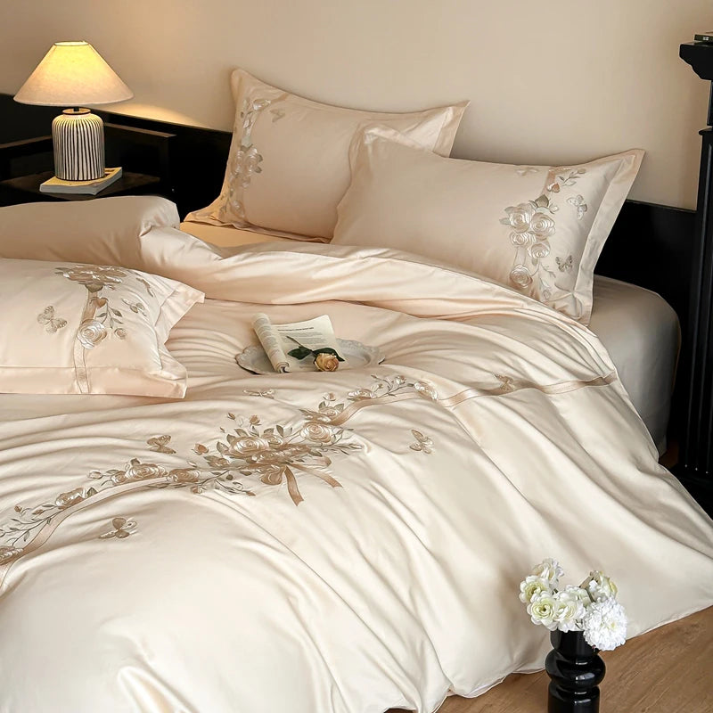 100% Cotton Luxury Rose Flowers Embroidery Bedding Queen King Size Duvet Cover Set Flat/Fitted Bed Sheet Pillowcases 4Pcs