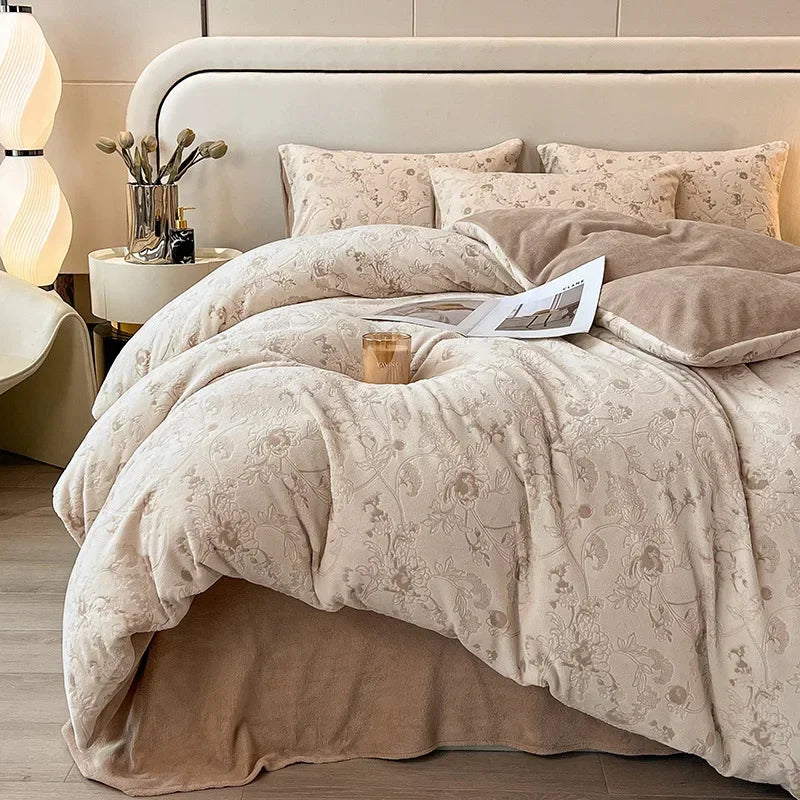 Four-piece Set Autumn and Winter Carved Coral Fleece Warm Quilt Cover Bedding