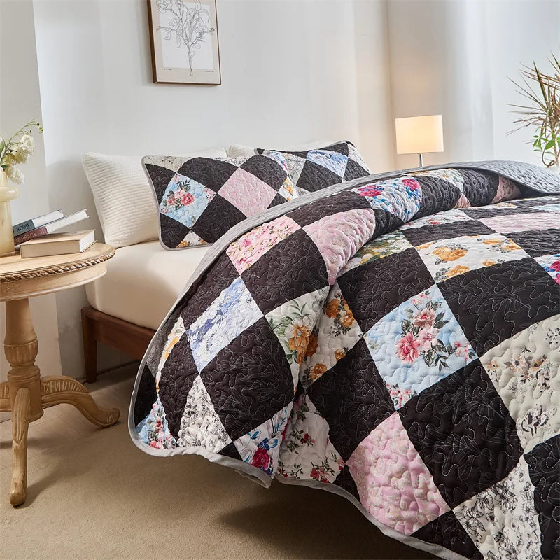 Quilted Bedspread Set,Soft Microfibe Bed Cover+Pillowcase,American Flower Patchwork,Mattress Topper Sheet King cama solteiro