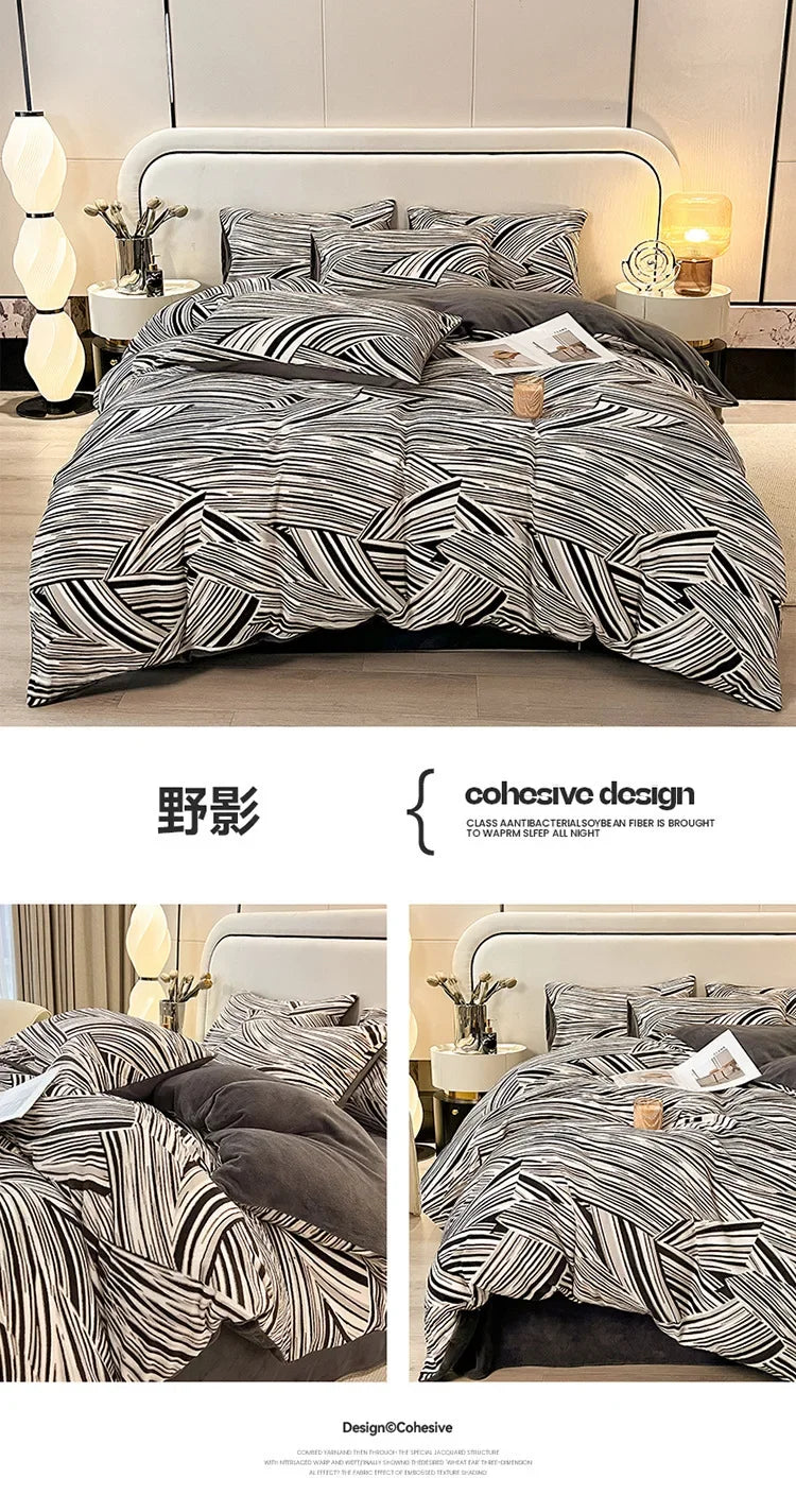 Four-piece Set Autumn and Winter Carved Coral Fleece Warm Quilt Cover Bedding