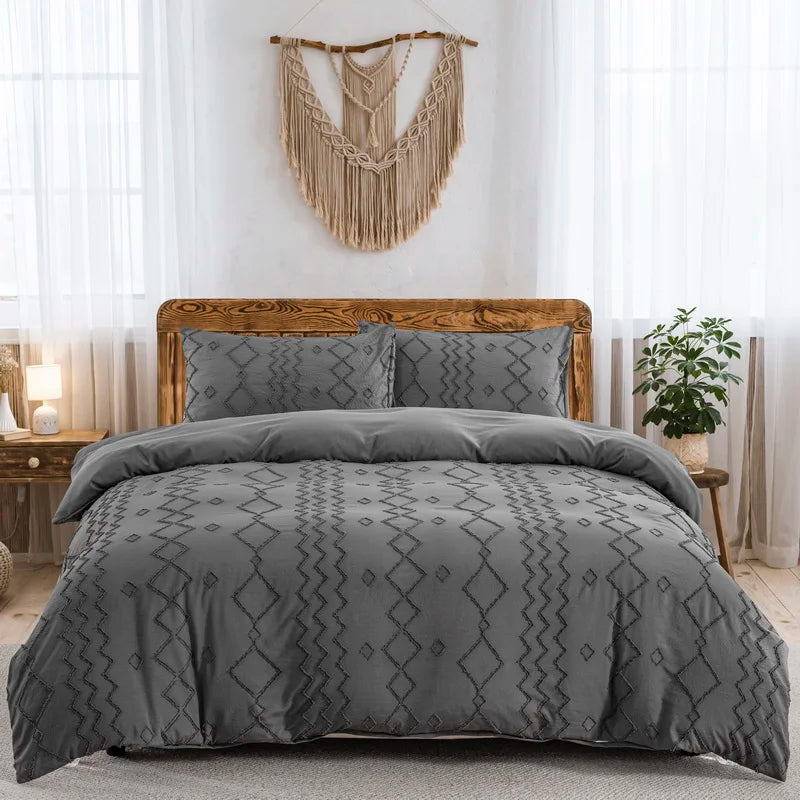 Beige Duvet Cover, Boho Tufted Microfiber Bedding Set.