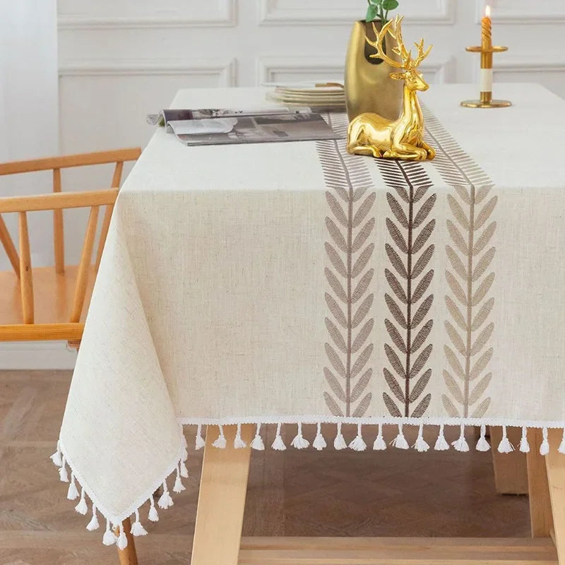 Rustic Embroidery Tablecloths Cotton Linen Coffee Leaves Pattern Rectangle Waterproof Table Covers for Kitchen Living Room Decor