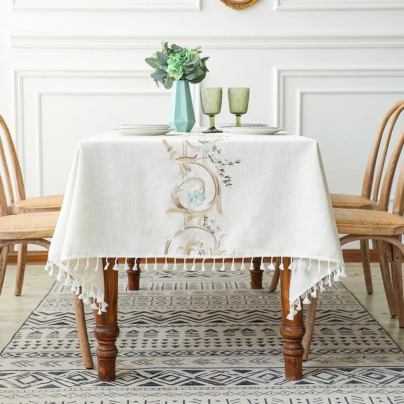 Rustic Embroidery Tablecloths Cotton Linen Coffee Leaves Pattern Rectangle Waterproof Table Covers for Kitchen Living Room Decor