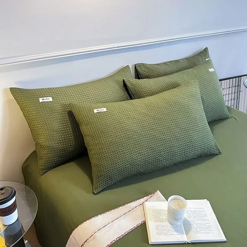Bedding Set Cotton Waffle Olive Green Quilt Cover Bed Sheet
