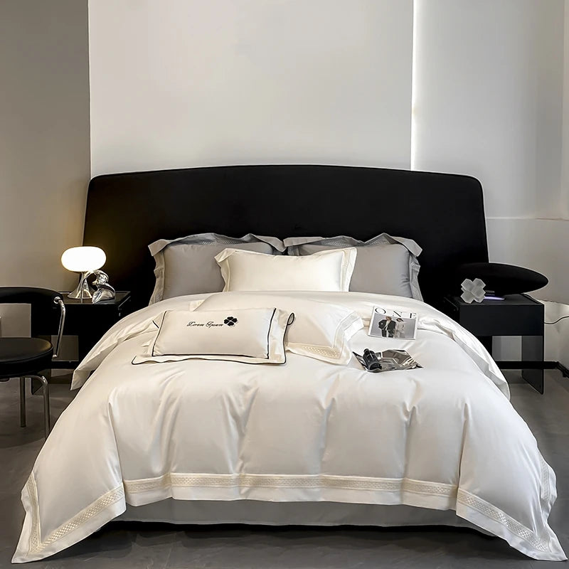 Egyptian Cotton Hollow Edge Luxury Bedding Set, White, Grey, Pink, Blue,1 Duvet Cover,2 Pillowcases,1 Flat Sheet Or Fitted Sheet