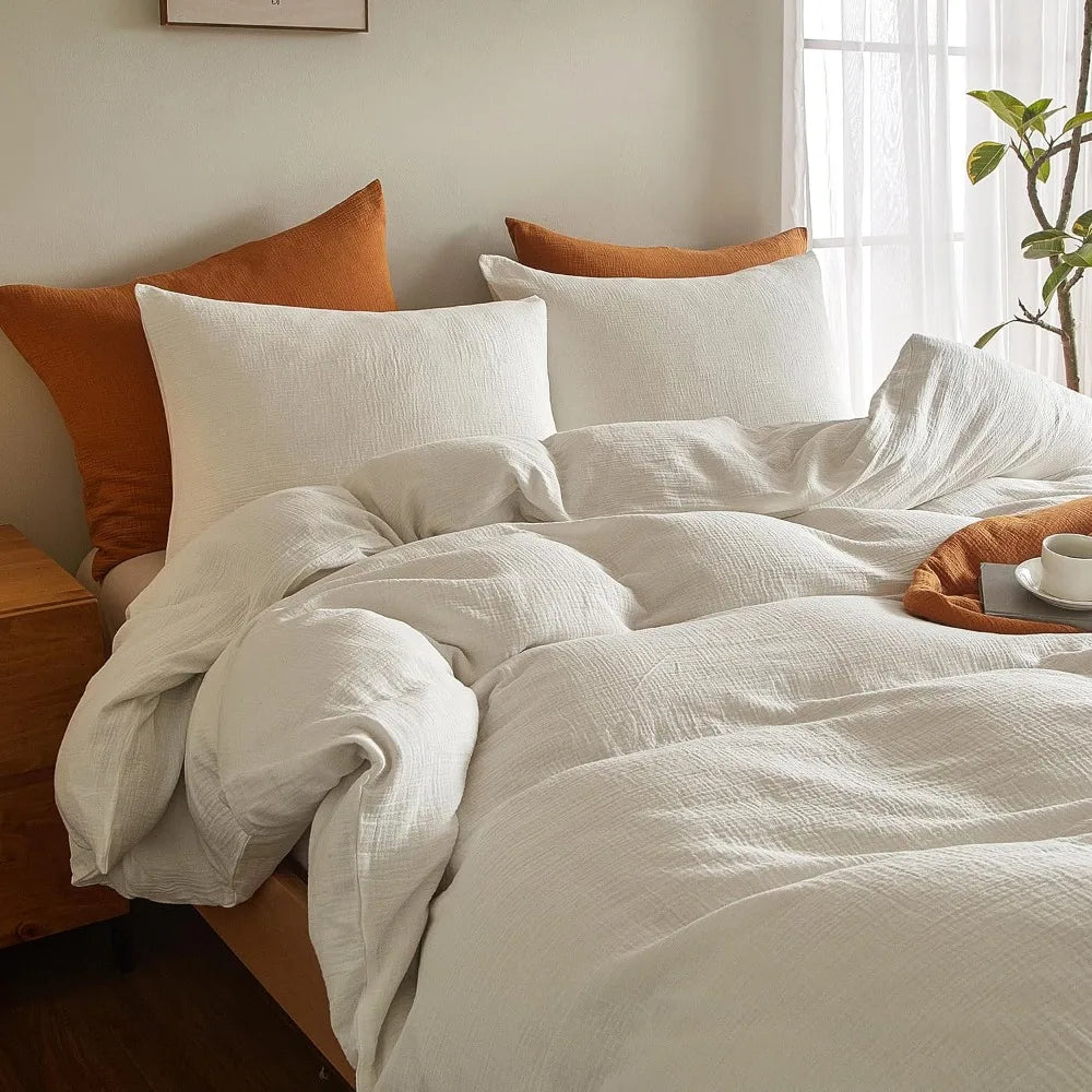 Queen Size 100% Cotton Washed Muslin Duvet Cover Set, Ultra Soft Linen 3-Piece Bedding Ensemble