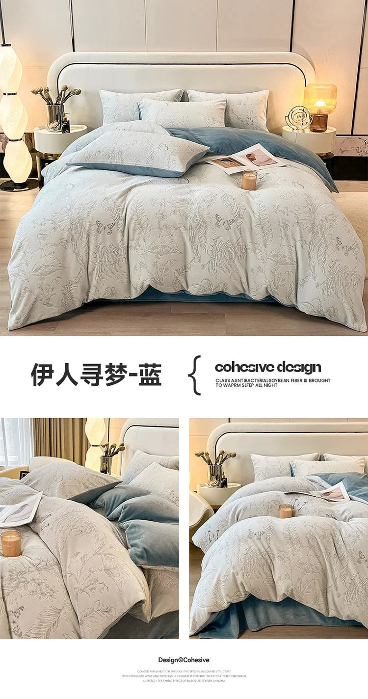 Four-piece Set Autumn and Winter Carved Coral Fleece Warm Quilt Cover Bedding