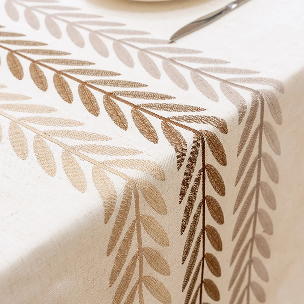 Rustic Embroidery Tablecloths Cotton Linen Coffee Leaves Pattern Rectangle Waterproof Table Covers for Kitchen Living Room Decor