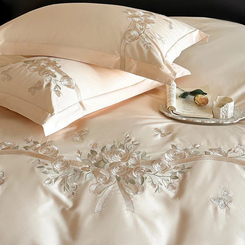 100% Cotton Luxury Rose Flowers Embroidery Bedding Queen King Size Duvet Cover Set Flat/Fitted Bed Sheet Pillowcases 4Pcs