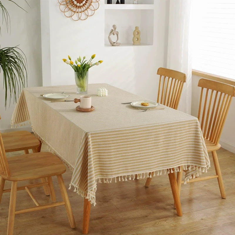 Cotton Linen Table Cloth Stripe Tassel Rectangle Tablecloth Dust-Proof Table Cover for Kitchen Dinning Tabletop Decoration