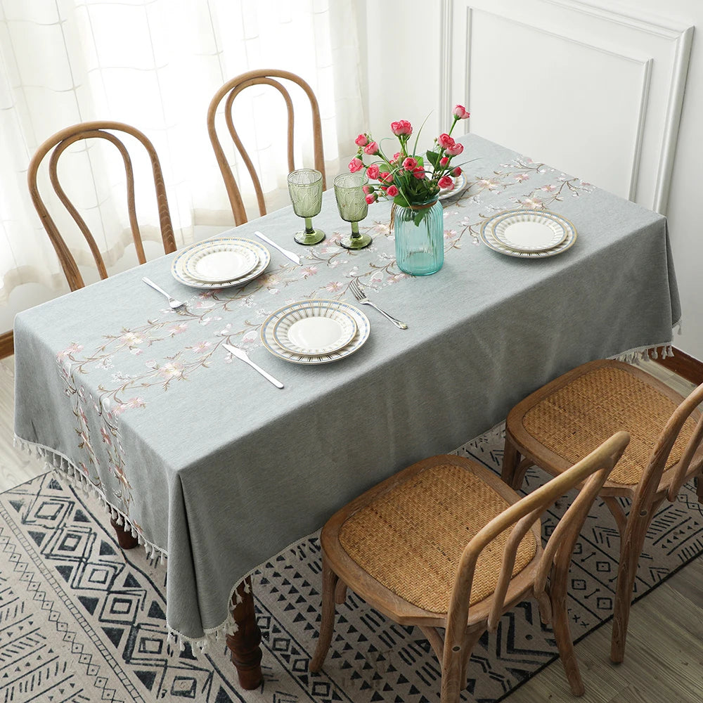 Rustic Embroidery Tablecloths Cotton Linen Coffee Leaves Pattern Rectangle Waterproof Table Covers for Kitchen Living Room Decor