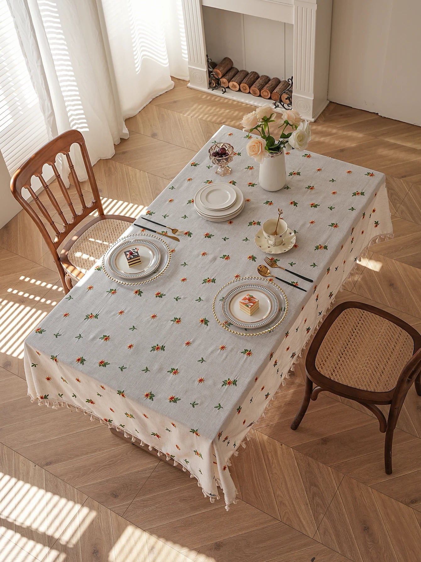 Yellow Daisy Embroidery Tassel Tablecloth for Living Room Kitchen Dining Table Cover Cloth