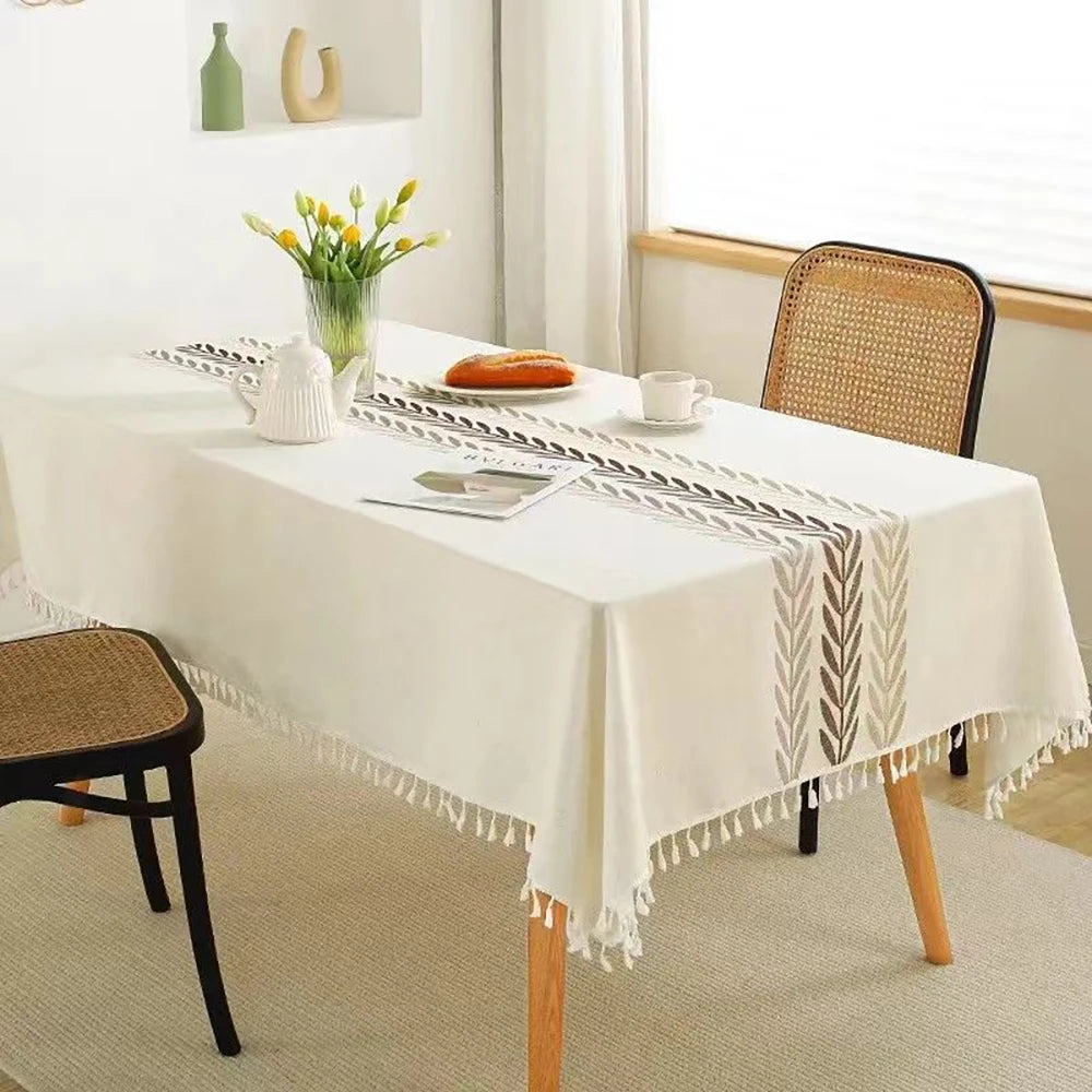 Rustic Embroidery Tablecloths Cotton Linen Coffee Leaves Pattern Rectangle Waterproof Table Covers for Kitchen Living Room Decor