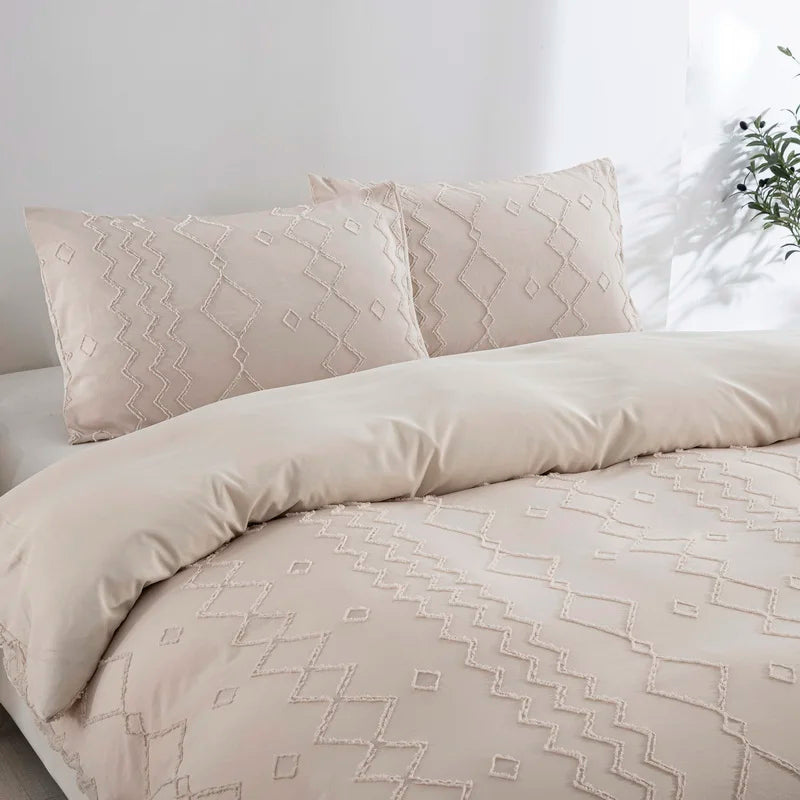 Beige Duvet Cover, Boho Tufted Microfiber Bedding Set.